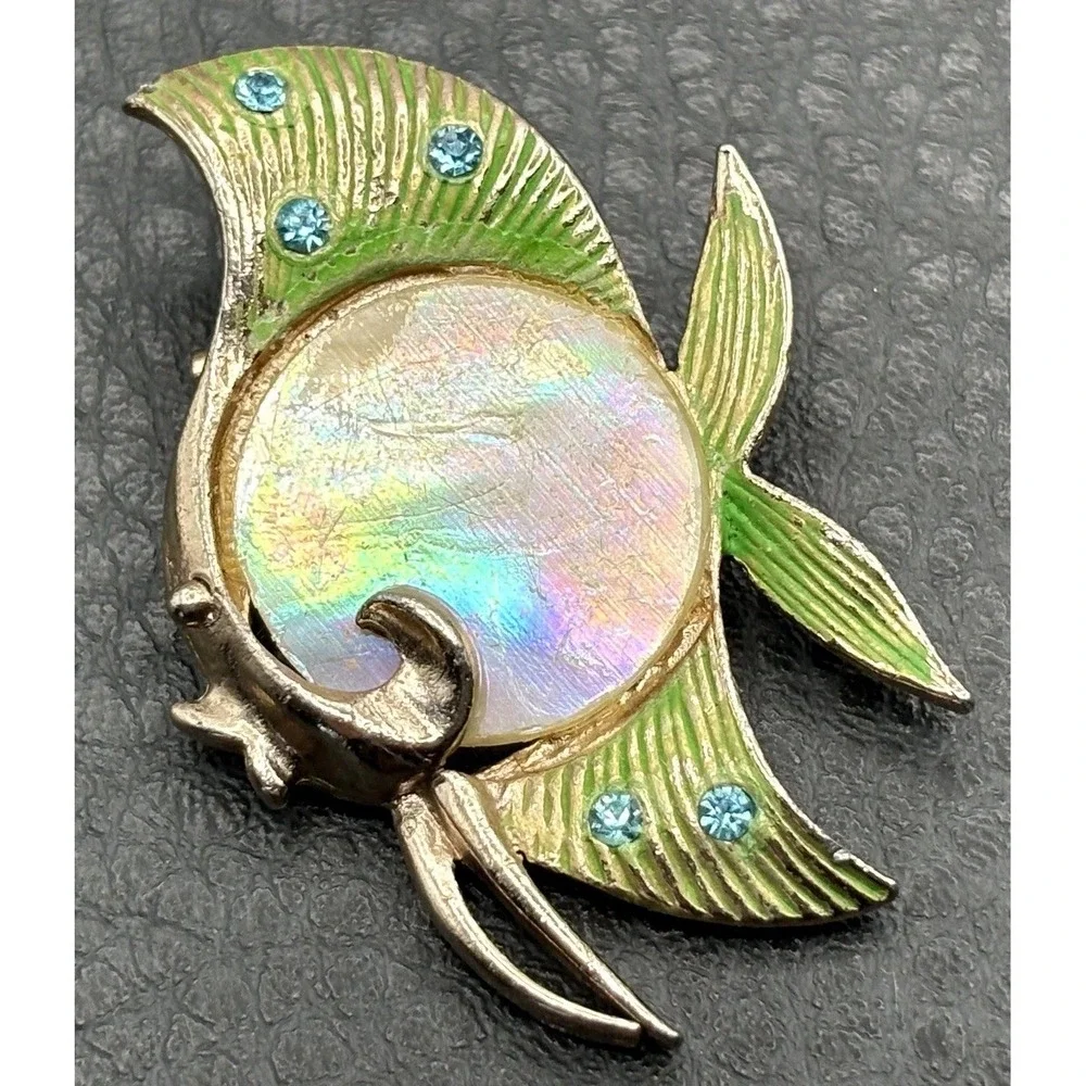 Vintage Fish Brooch Mother of Pearl Green Enamel Rhinestone Mod Pop Art